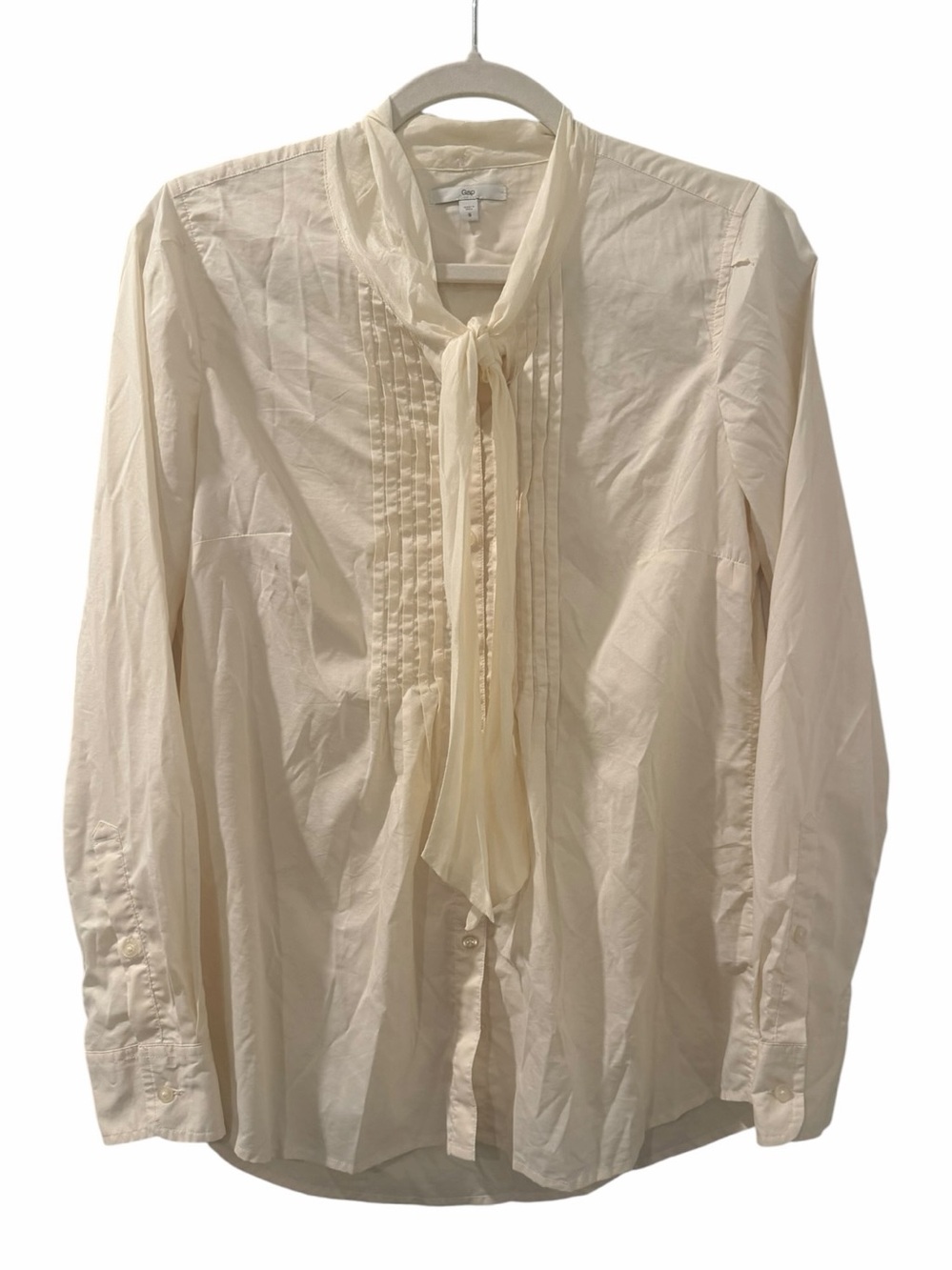 Gap Ivory Tie Neck Pintuck Button Down Blouse Silk Trim Size Small
